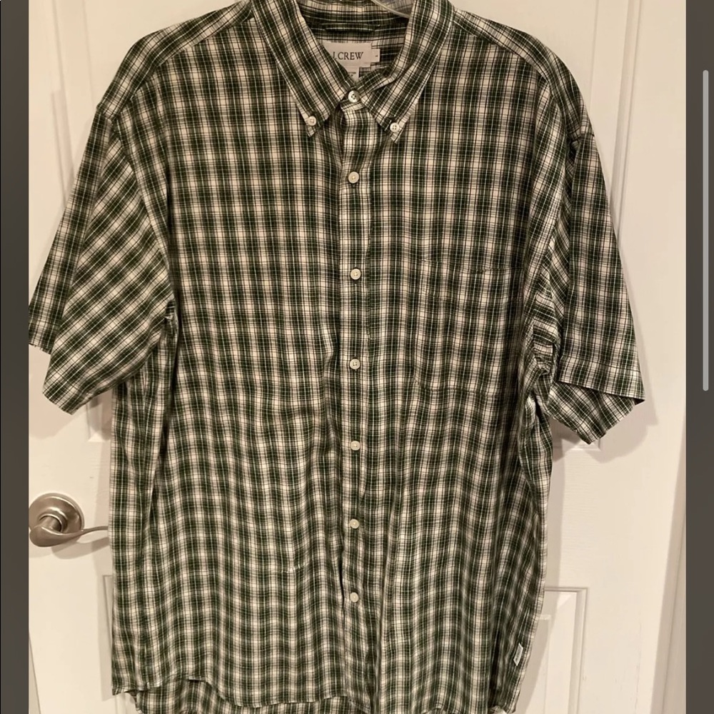 J Crew Mens Sz L Green Button Down SS Plaid SHIRT GUC B007